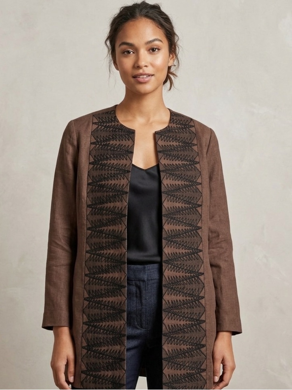 LINDA ALLARD ELLEN TRACY brown/black linen embroidered duster‎ Jacket Siz…